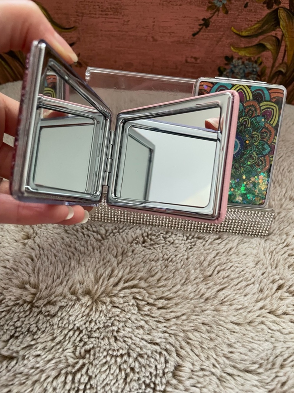 Glittery Mandala Evil Eye Mirrors - Pink or Green - Picture 4 of 4